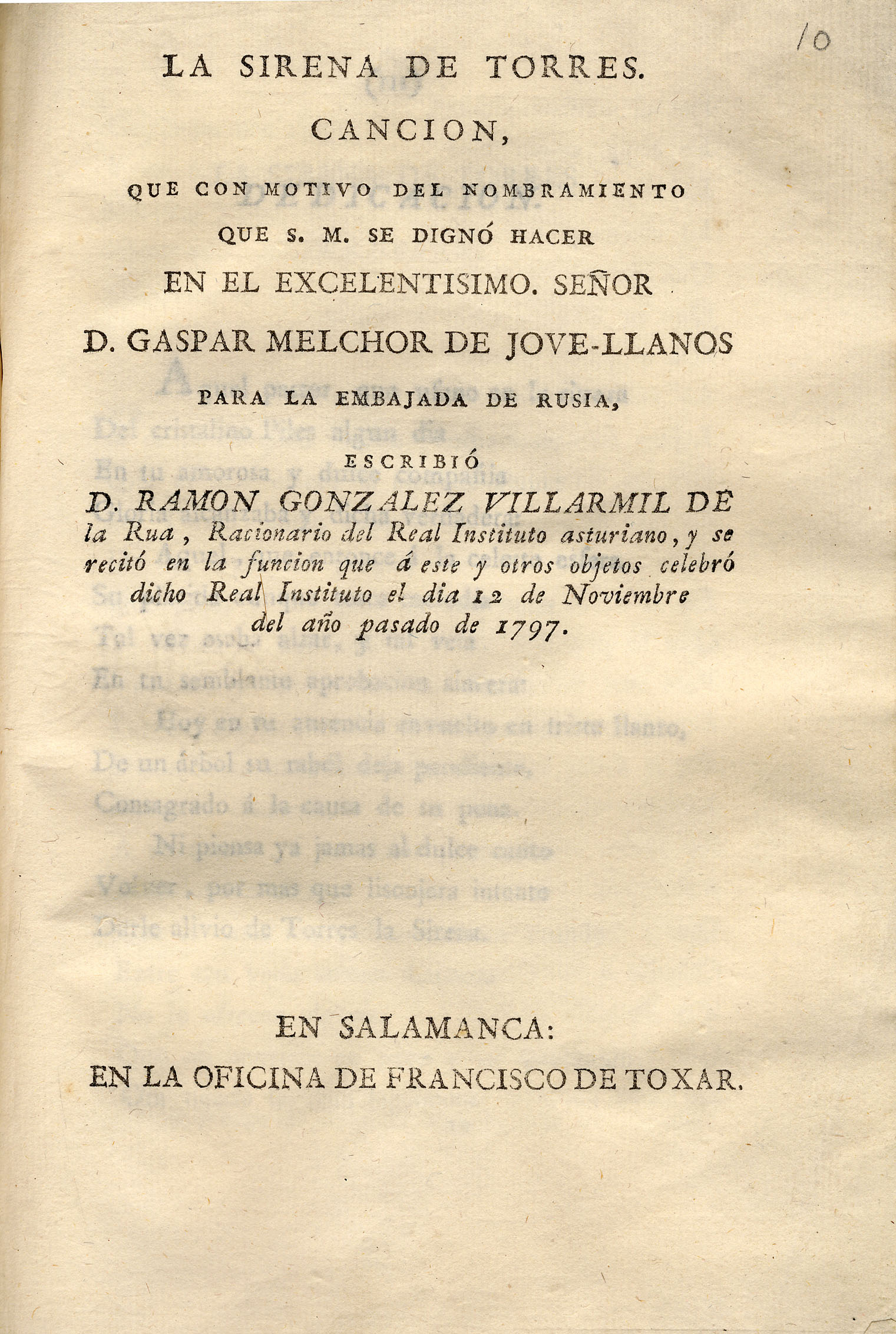 La Biblioteca General Histórica cede “un raro folleto” de 1797 que contiene un largo poema con ocasión del nombramiento de Jovellanos como embajador de Rusia