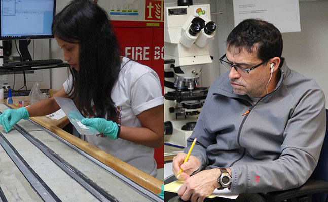 Deborah Tangunan y José-Abel Flores analizando muestras de sedimentos.